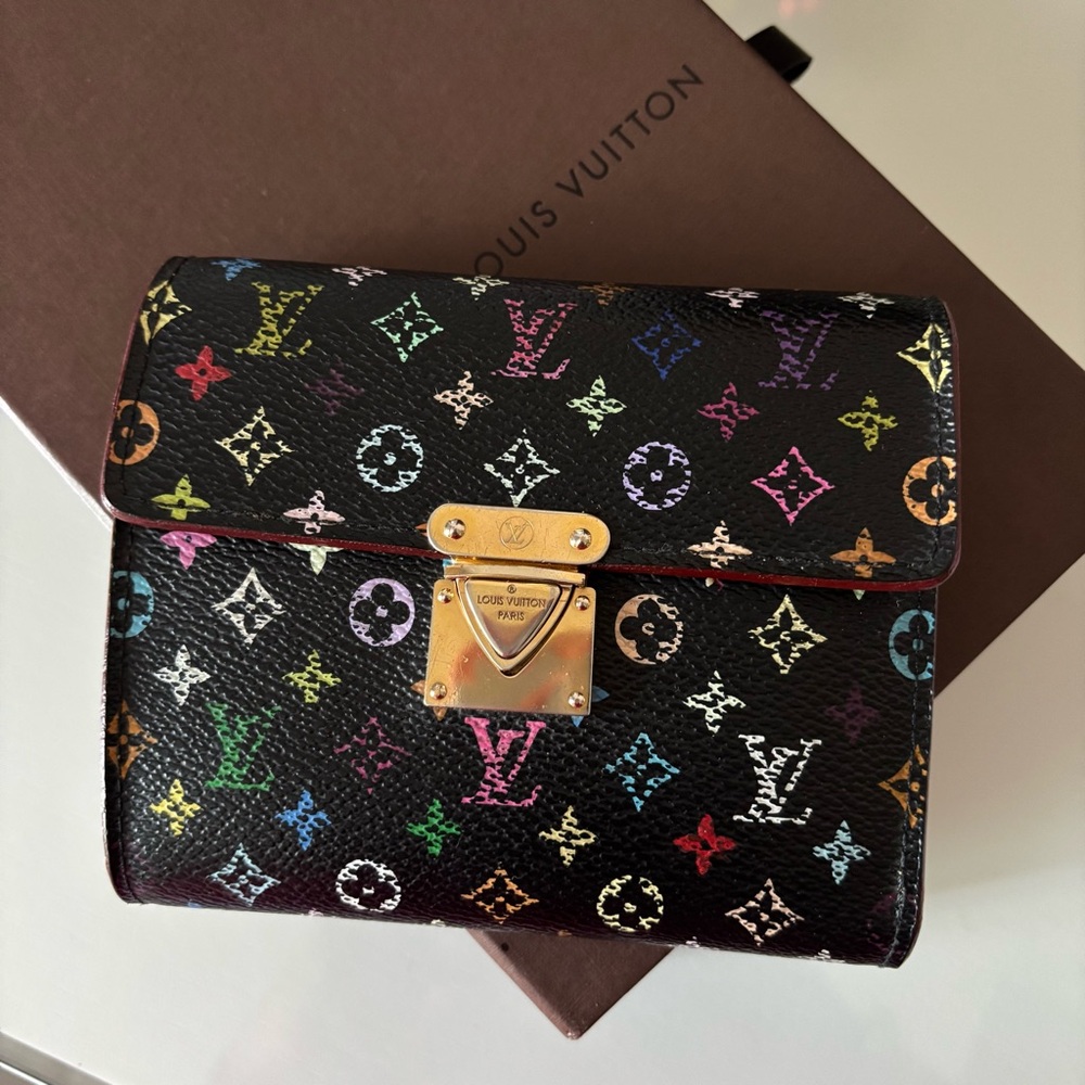 100% Authentic Louis Vuitton Black Multicolor Monogram Wallet with Gold Hardware